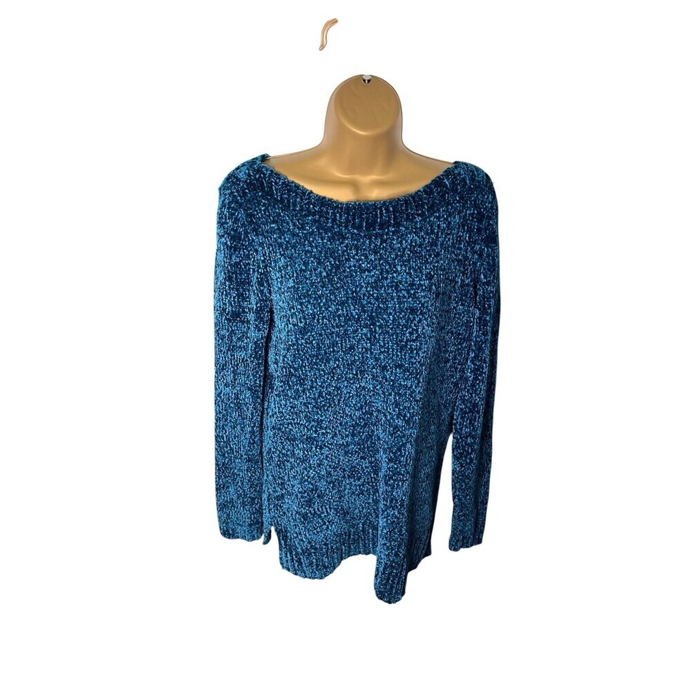 Liz Claiborne Chenille Sweater Blue Teal XL Boat Neck Soft Cozy Knit Top